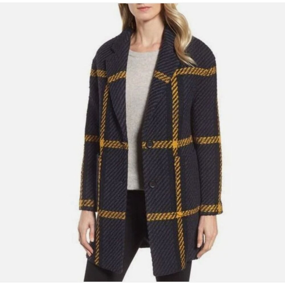 Donna Karan New York Textured Plaid Wool Blend Blue Black Coat Jacket XS